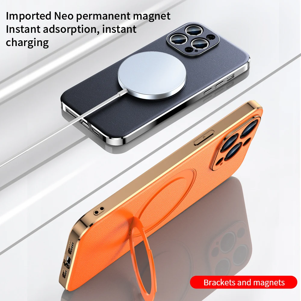 Magnetic Leather Holder Phone Case for Magsafe, Ring Plating Lens Protection, Back Cover, iPhone 15, 14, 12, 13 Pro Max, 15Pro