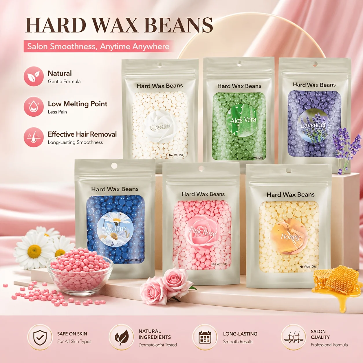 6 Colors Wax Beads Wax Beads for Hair Removal 10.5 Oz (300 g) Hard Wax Beans for Sensitive Skin Brazilian, Face, Bikini, Eyebrow, Legs, Painless Waxing Beads for Women Men, 6 packs Wax Kit with 20 Wax Sticks