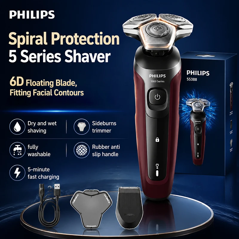Philips S5388 Electric Shaver Wet Dry IPX7 360 Floating Head 40 Min USB Charging Travel Lock Men Rotary Razor Kit Fully Washable