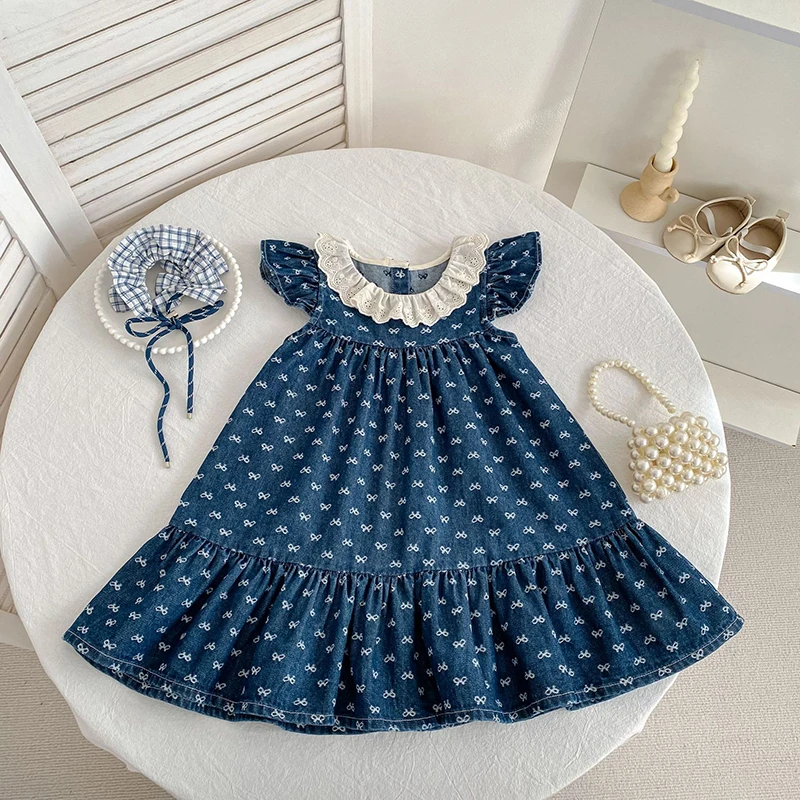 2026 New Summer 2-6Yrs Kids Princess Dress Baby Girl Flutter Sleeve Bow Dresses Cotton Baby Birthday Party Lace Dress