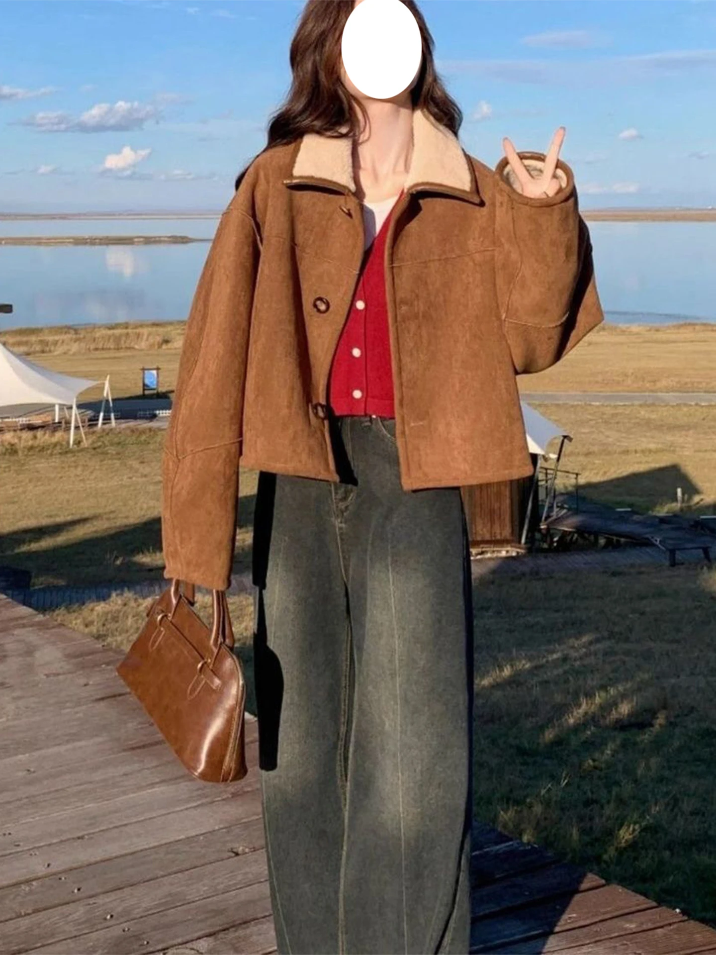 Dubbelzijdig draagbaar suède lamsbontjas voor dames, verdikte herfst-winter bovenkleding, warme, korte jas voor woon-werkverkeer