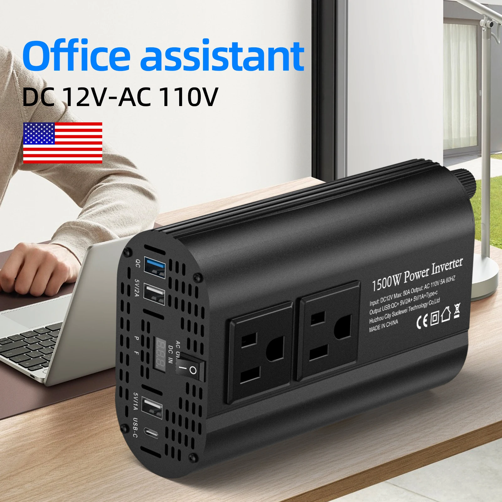 

Vehicle-Mounted Inverter Converter 1500W, US-Standard Socket, DC 12V to AC 110V, with LCD Display and Type-C Interface