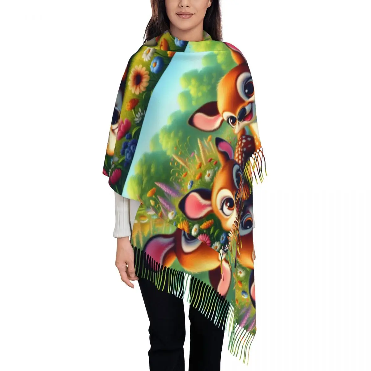 

Custom Female Long Bambi Anime Scarves Women Winter Fall Soft Warm Tassel Shawl Wraps Film Cartoon Deer Scarf