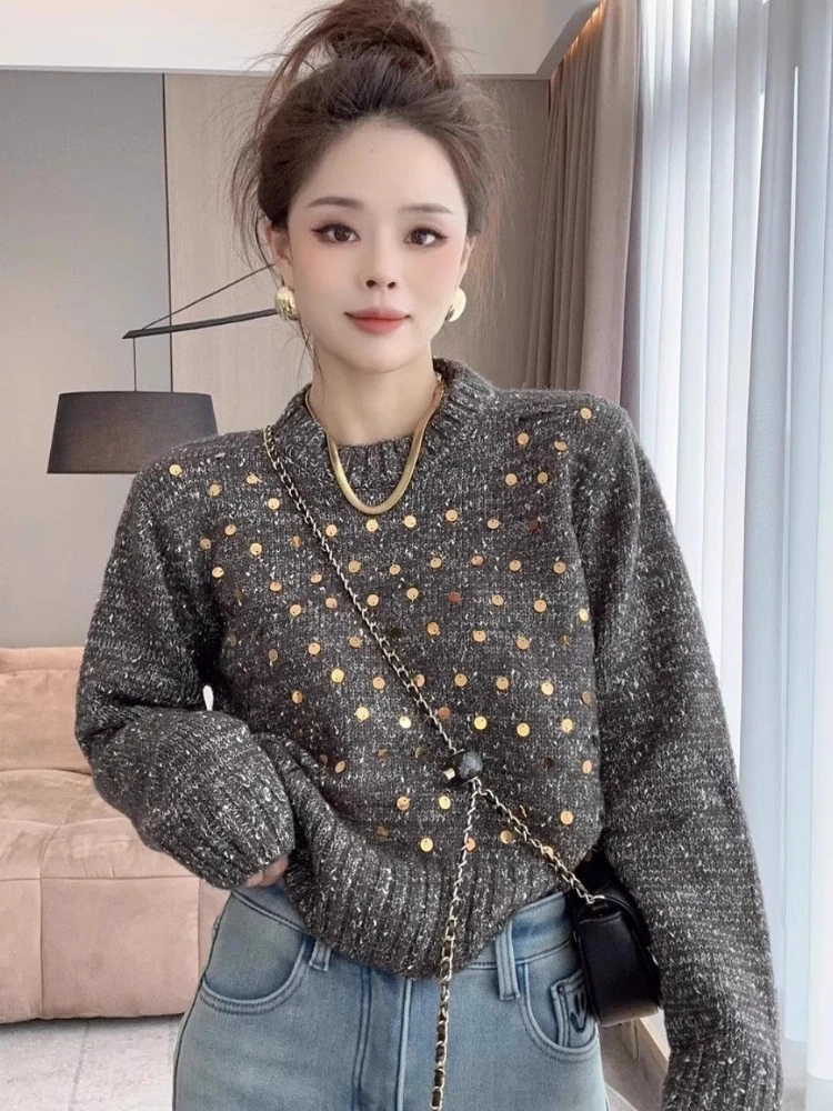 2026 Winter Women Retro Sequin Knitted Sweater Korean Lazy Style Chic Sparkle Pullover Tops