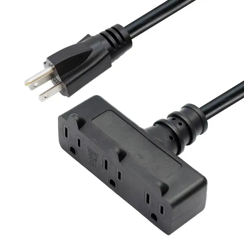 14AWG Extension Cable With Prong Grounded Plug 3 Outlet 5-15R American Standard Power Cord
