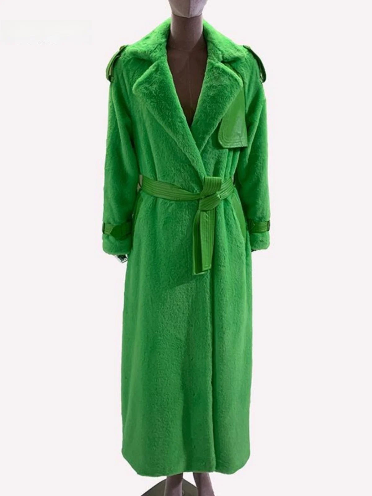 Nerazzurri Green Environmental Protection Faux Fur Coat Young Style Women's Extra Long 2024 New Plush Coat Street Style
