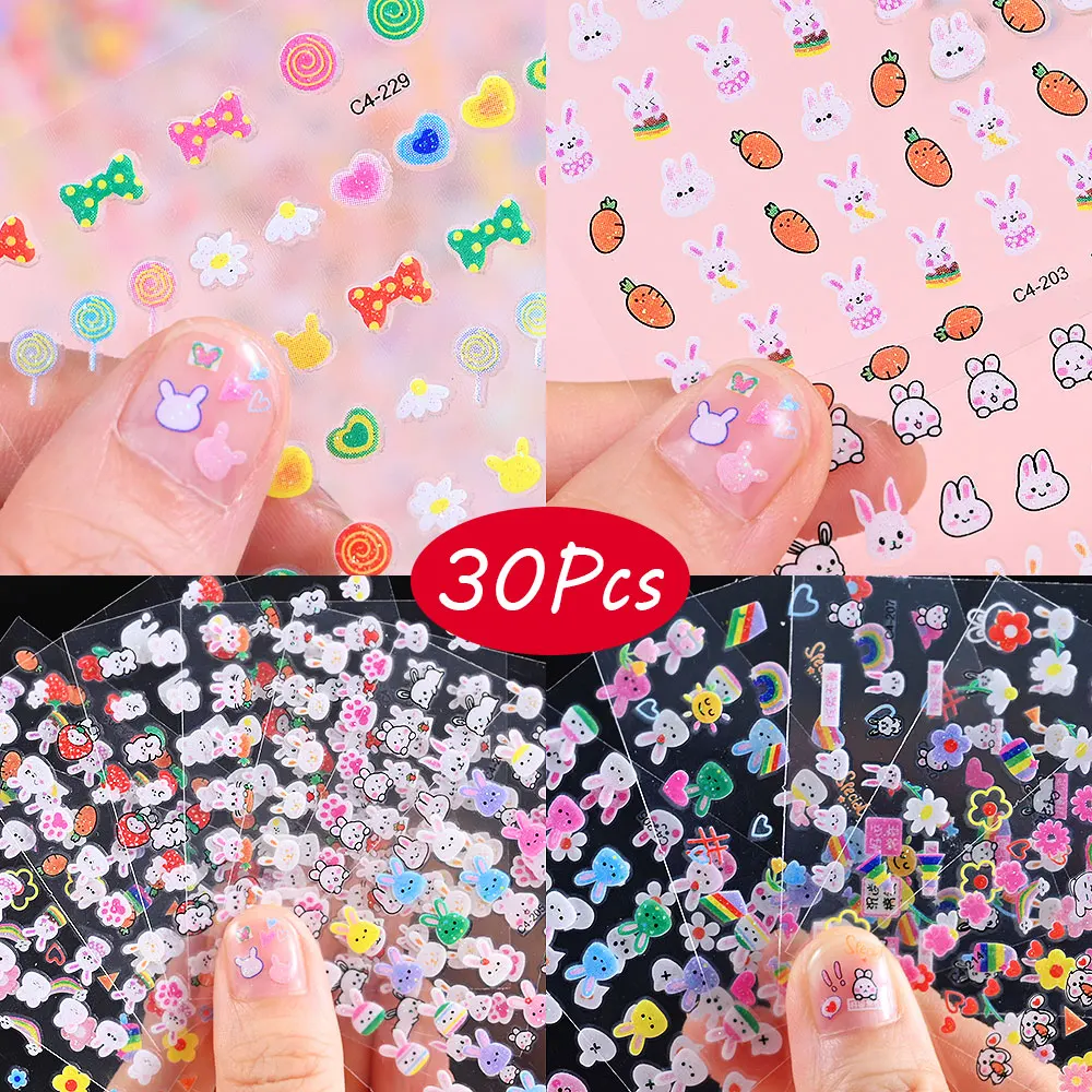 30pcs 3D Cartoon Bunny Nail Stickers Set for Kids Cute Rabbit Nail Decals with Glitter Sequins Adhesive Kawaii Bunnies Stickers