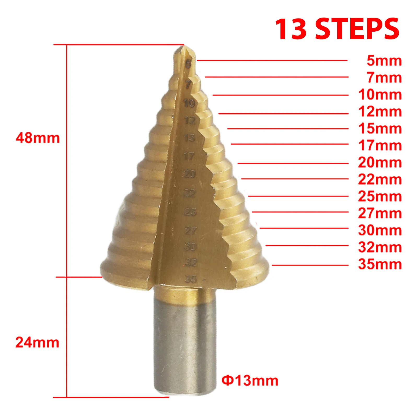 

Tool Step Drill Bit 13 Steps 1pcs High Speed Steel Cutter Hole Cutter Two-fluted Coated DIY Gold Step Drill Bit