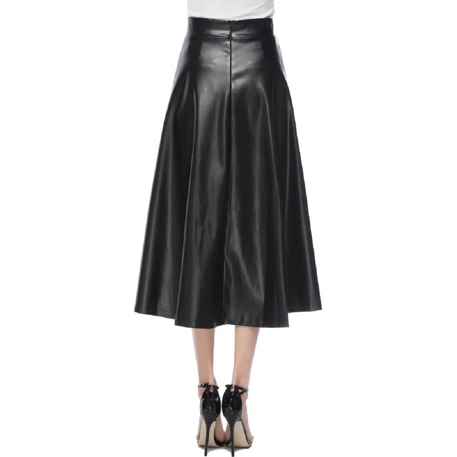 Autumn Winter New 2024 Faux PU Leather Pleated Long Skirts for Women High Waist All-match Umbrella Chic Skirts Female