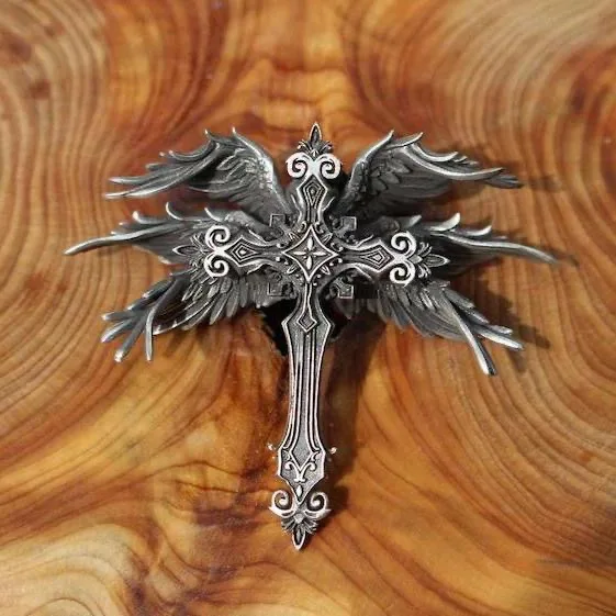 Vintage Silver Color Seraph Six Wings Angel Cross Pendant Necklace for Men Women Gothic Punk Style Long Chain Necklace Jewelry