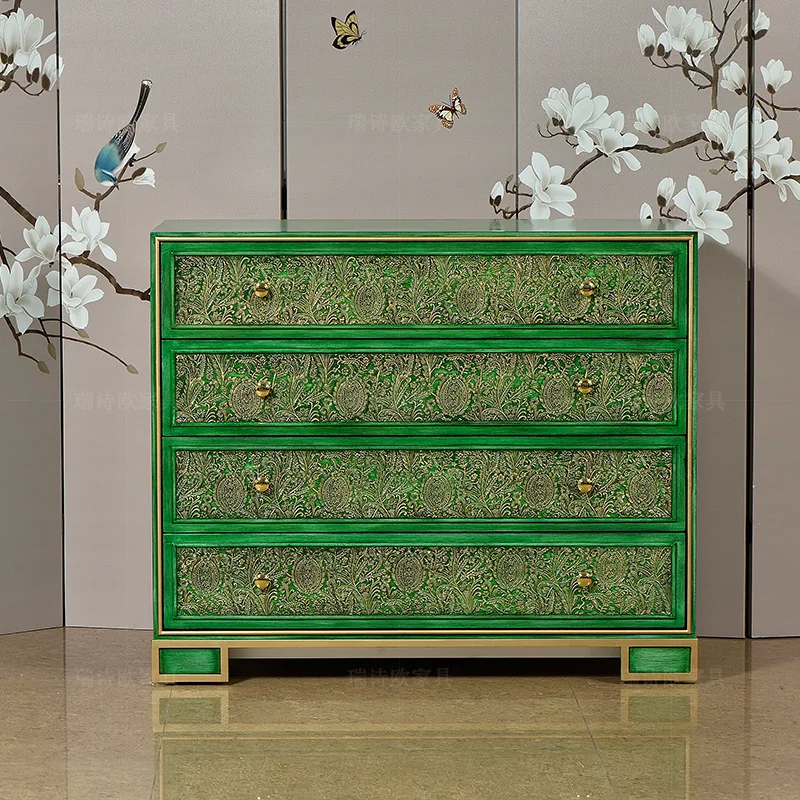 Yjq  four-chest cabinet gold-painted engraved entrance cabinet bedroom storage American-style painted decorative cabinet