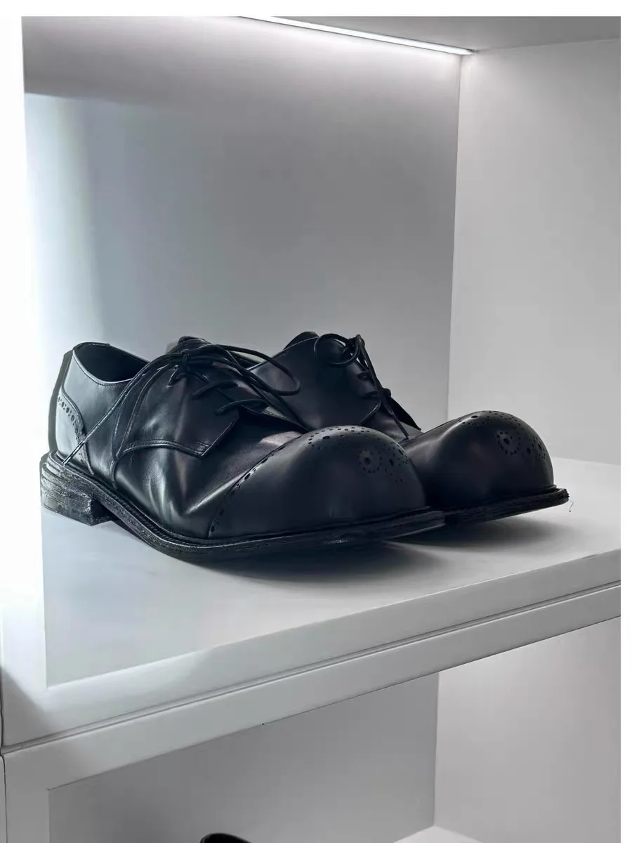 Men's Black Brogue Derby Shoes Lace Up Round Toe Thick Sole Casual Business Formal Oxford Shoes Fashion Street Style Footwear