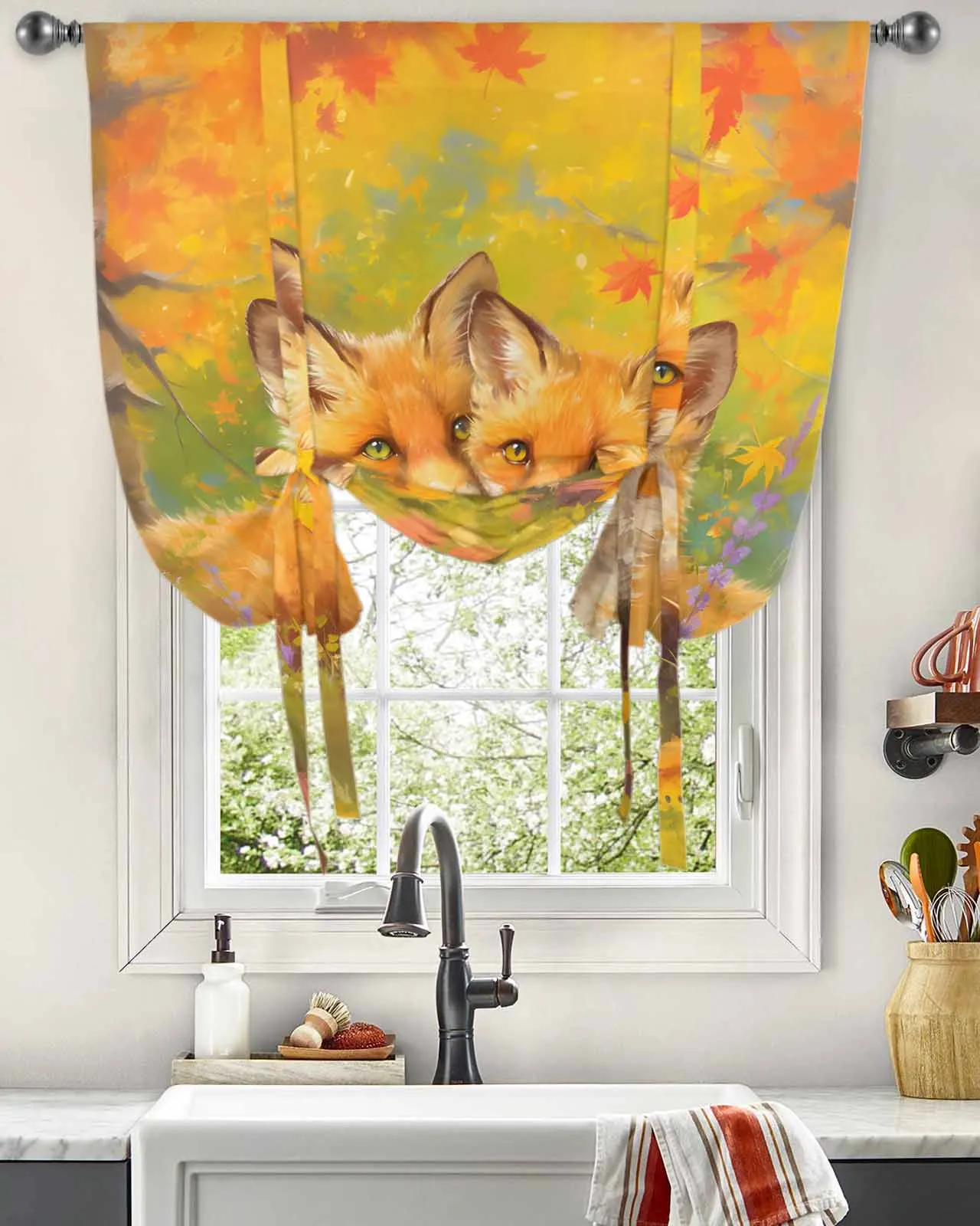 Two Foxes With Maple Leaves In Autumn Window Curtain for Living Room Home Decor Blinds Drapes Kitchen Tie-up Short Curtains