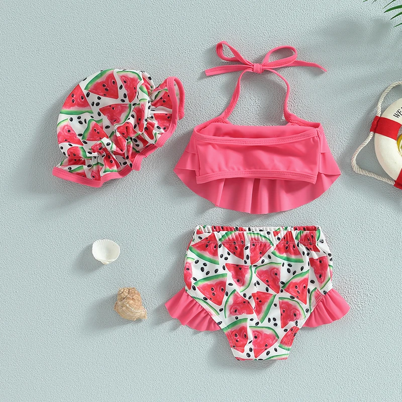 0-4Y Summer Baby Swimsuits Girls Bikini Sets Halter Ruffle Beach Tops Shorts Bathing Suit Kids Swimwear Toddler Baby Beachwear