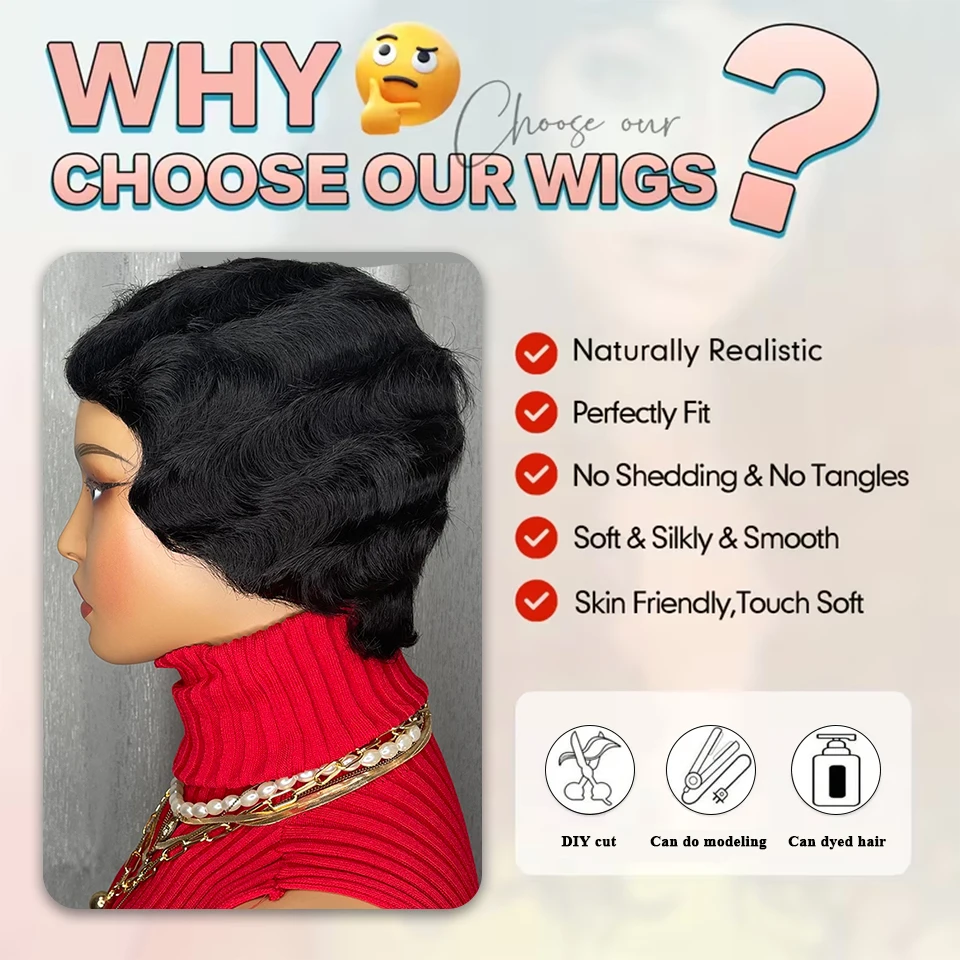 Peruka damska 4 cale, naturalny wygląd, vintage pixie cut, finger wave, z ludzkich włosów, w pełni wykonana maszynowo, krótka peruka, uniwersalna do codziennego noszenia.