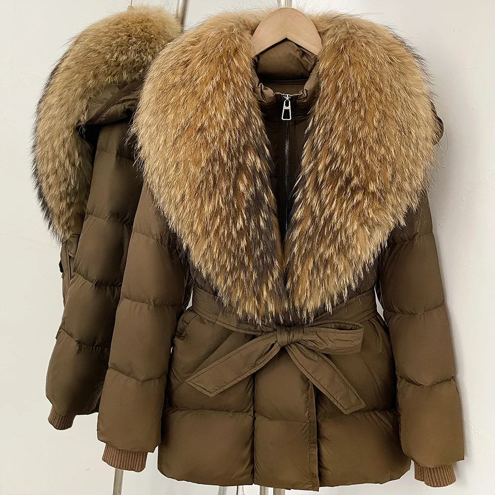 OFTBUY Große Jacke mit Kapuze und natürlichem Pelzkragen, mit echtem Fell, dicker Gürtel, Reißverschluss, Daunenjacke, Damen-Wintermantel – Detail 16