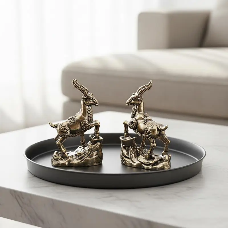 Compact Size Feng Shui Zodiac Goat Statue with Lucky Coins Vintage Desk Ornament for Travel Home Office Blessing Decor