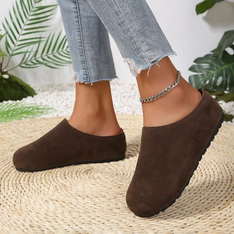 Новые женские тапочки с закрытым носком, замшевые сабо с круглым носком, однотонные женские туфли-лодочки в стиле ретро на толстой подошве, Zapatos De Mujer