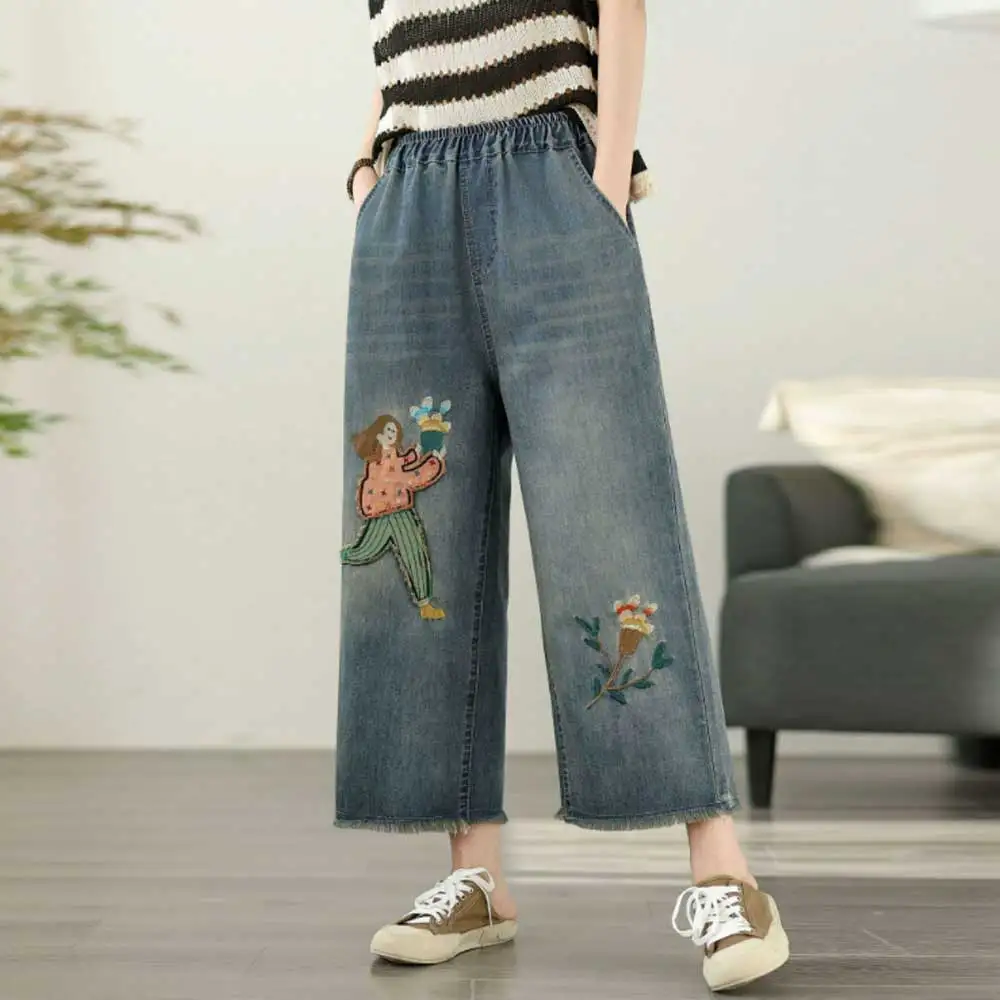 

Japanese Mori Girl Vintage Cartoon Girl Embroidery Denim Pants Women Autumn Elastic Waist Casual Loose Jeans Straight Pants