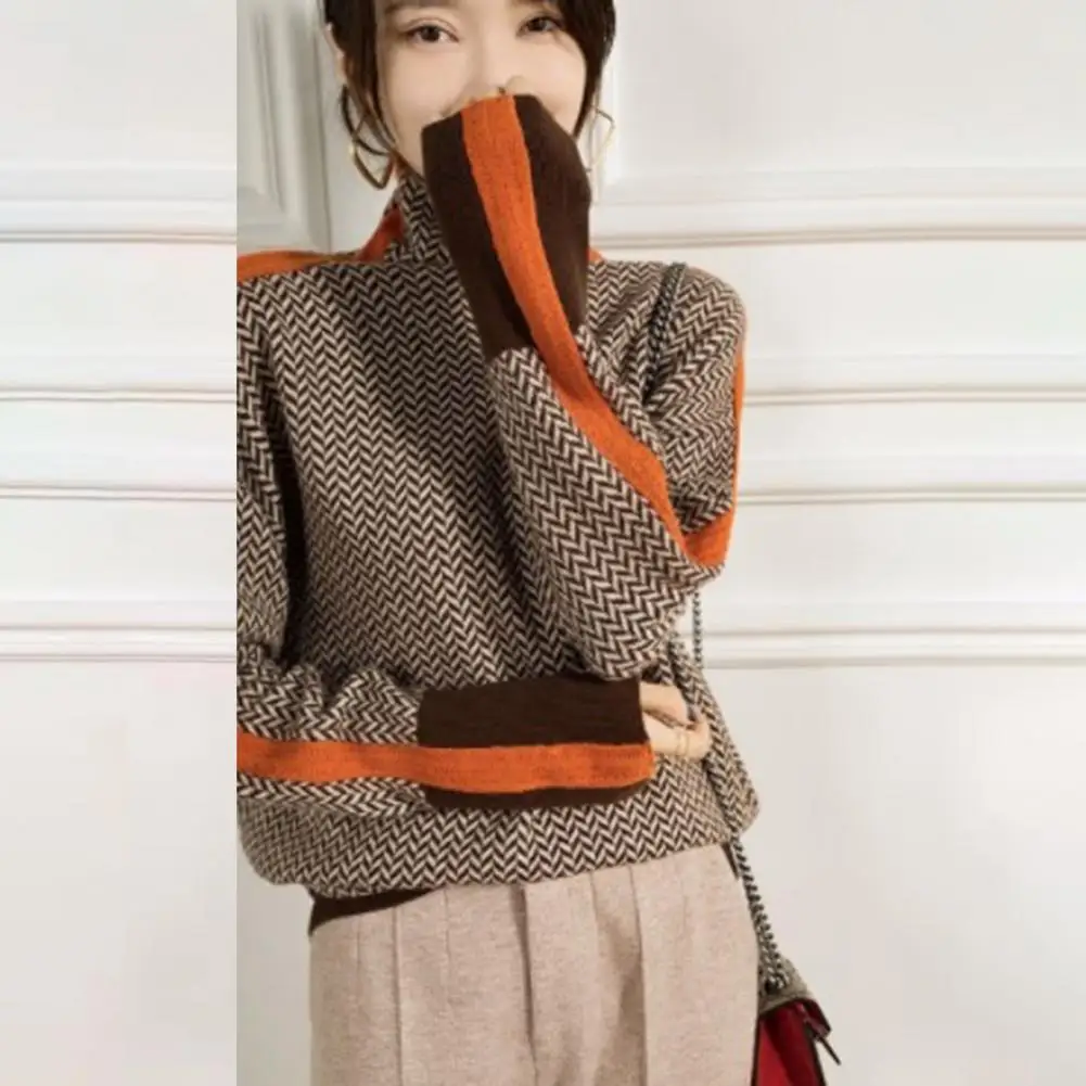 Sweater Loose Fit Sweater Stylish Contrast Color Sweater High Collar Splicing Design Thick Knit Pullover for Autumn/winter