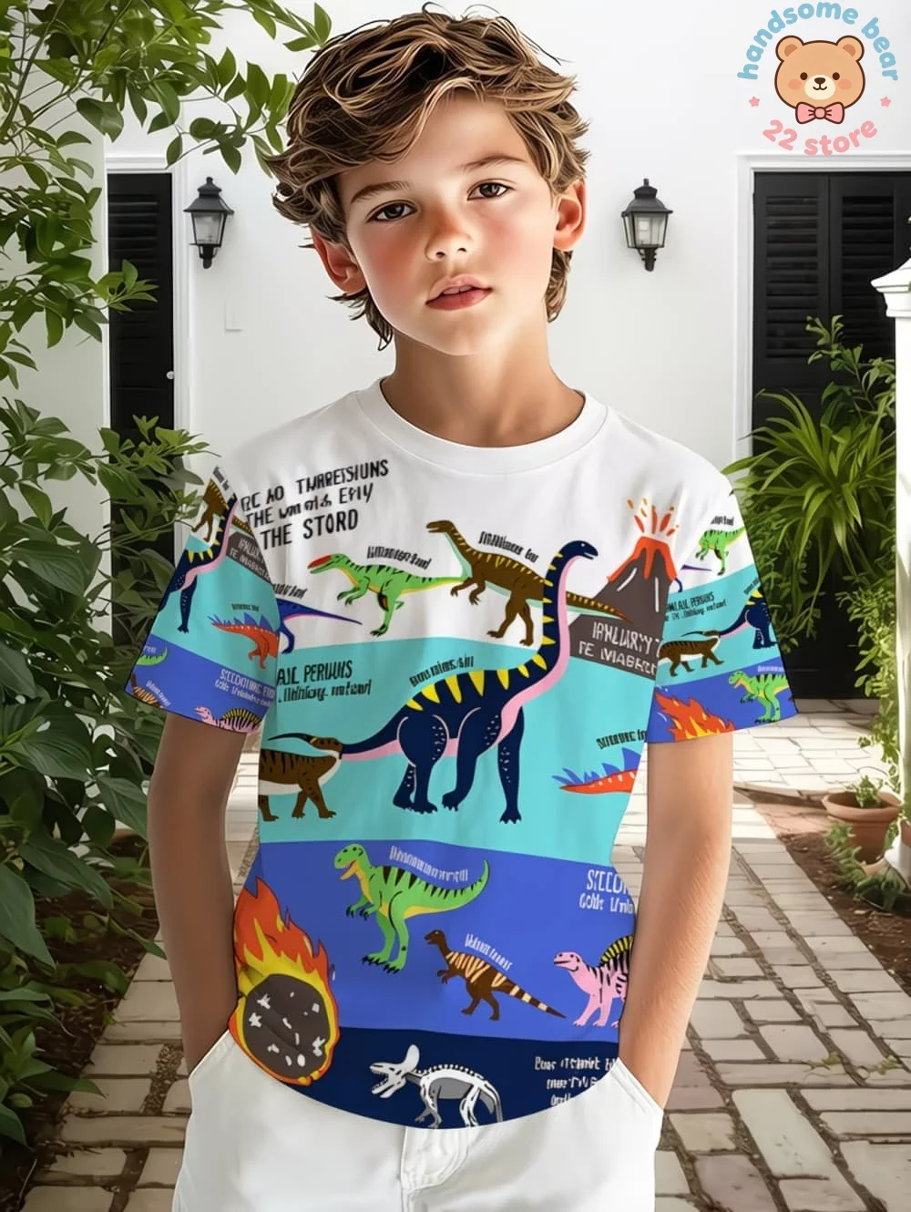 Camiseta Infantil com Estampa de Dinossauro em Desenho Animado, Camiseta de Verão com Estampa Gráfica Fofa, Manga Curta, Gola Redonda, Roupa Casual para Crianças, Estilo Streetwear para Uso Externo