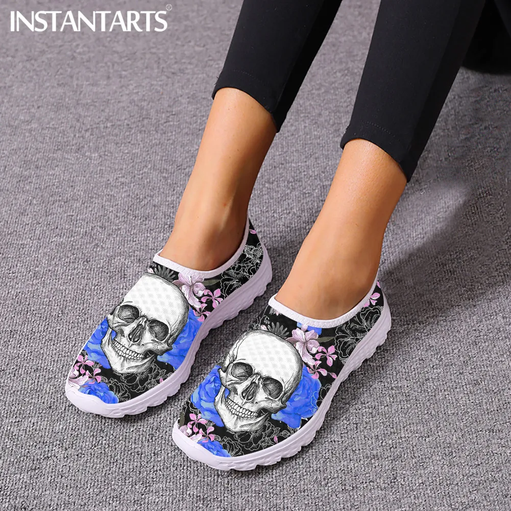 INSTANTARTS Fahsion Pink Floral Skull Design Women Flat Shoes Summer Mesh Sneakers Lightweight Women Slip-on Loafers Mujer