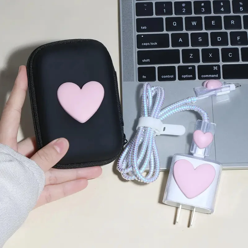 Y2k Cute 3D Candy Color Love Heart+EVA Storage Bag Set Charger Cover For IPhone 12 13 14 18W-20W Charge Correa Protection Sleeve