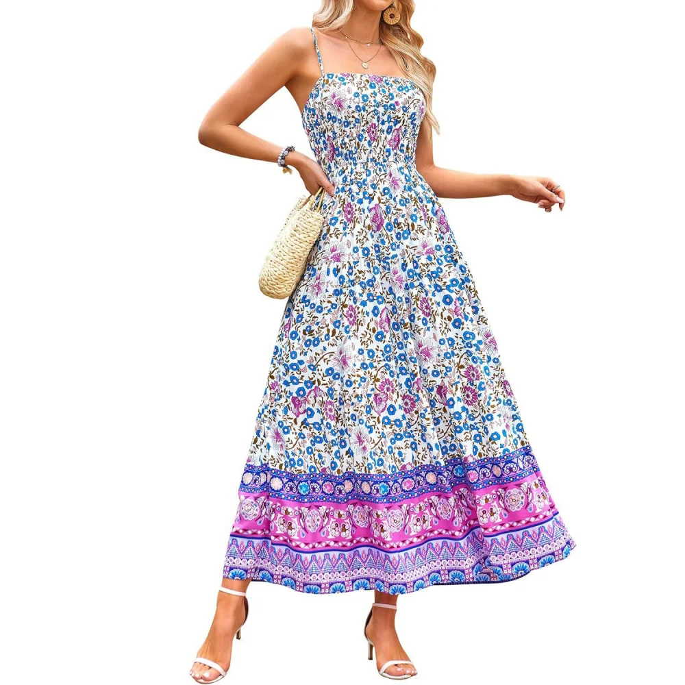 Mulheres boho vintage maxi vestido vintage floral impressão vestidos de cintura alta cinta espaguete verão retro vestidos roupas