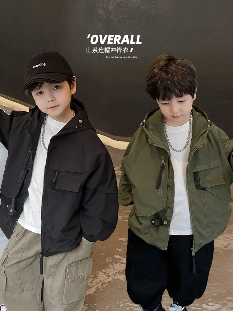 

Tongku 2024 Children's Spring New Handsome Baby Casual Coat with Oblique Bag Hooded Boys' Charge Coat Trend