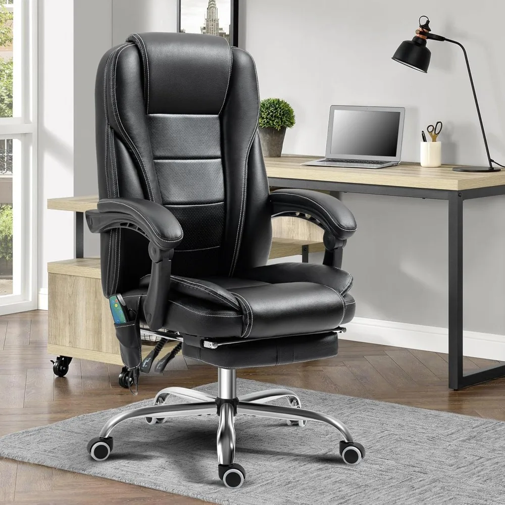 Silla de oficina de masaje reclinable con reposapiés, silla ejecutiva ergonómica de Espalda alta con función de calefacción y vibración (negro)