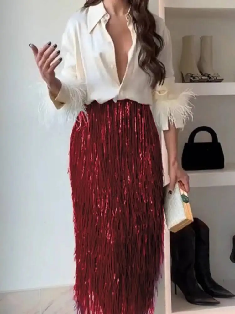 

Feather Long Sleeved Shirt Women's 2 Piece Set Sequin Tassel Slim Fit Half Skirt Suit Spring Elegant Temperament Banquet Outfits