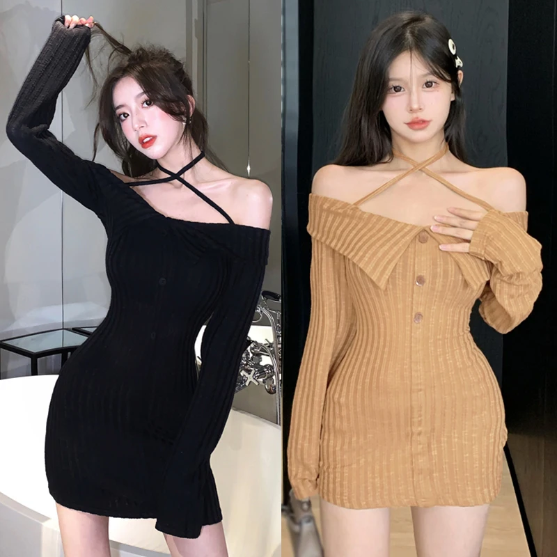 Women's Bodycon Dress Spring Autumn Retro Solid Colour Turndown Collar Off Shoulder Slim Sexy Knitted Long Sleeves Dress