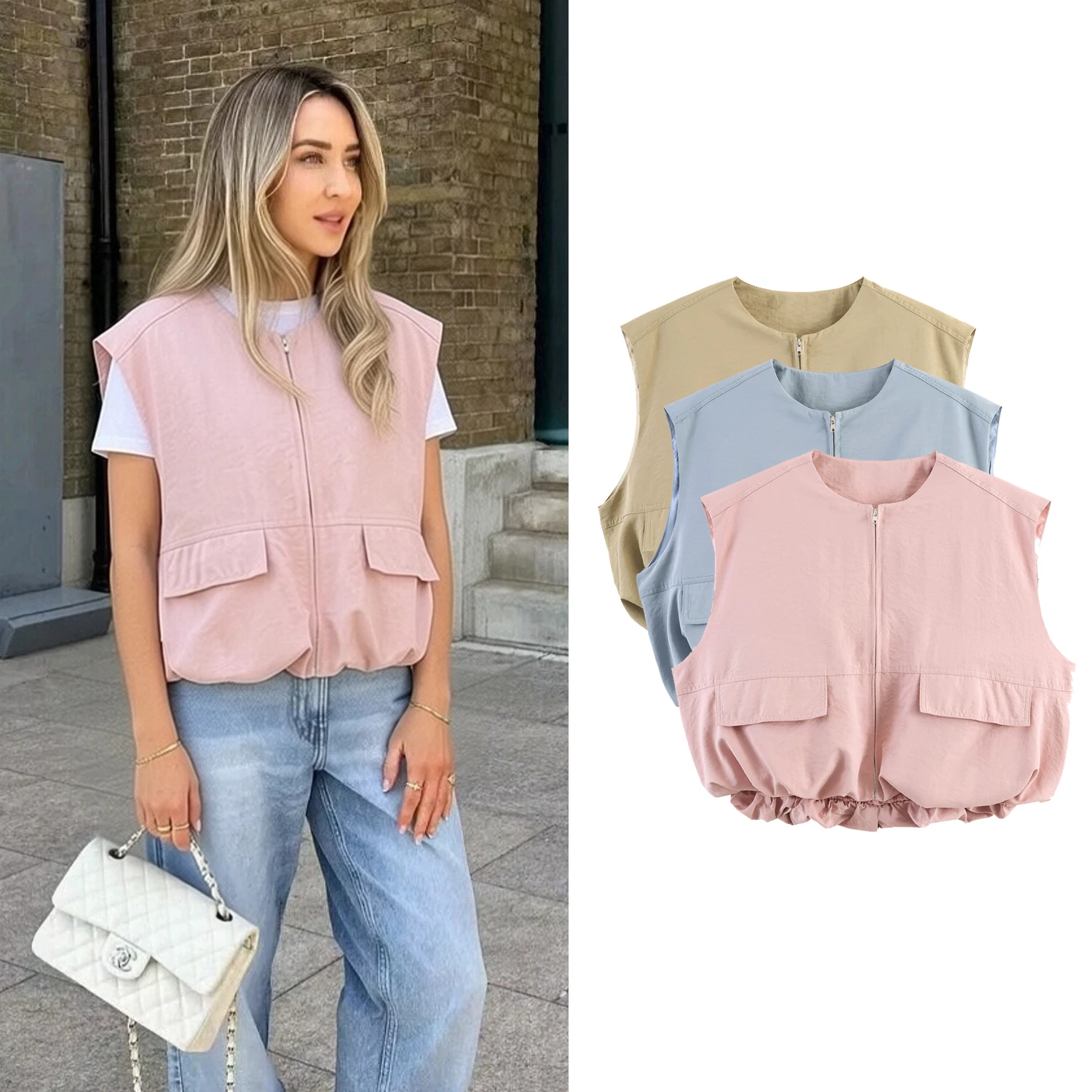 Chalecos con cremallera para mujer, chaleco corto informal holgado para primavera y verano, chalecos sin mangas con cuello redondo para mujer, ropa de abrigo elegante para mujer