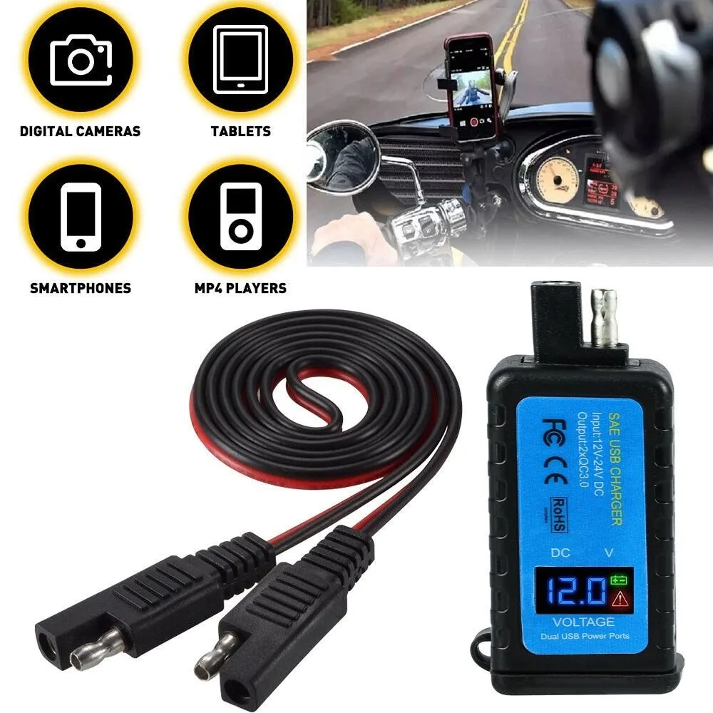 4.2A Motorcycle USB Charger SAE to USB QC3.0 SAE Extension Cable Voltmeter ON/Off Switch Waterproof Quick Disconnect Plug