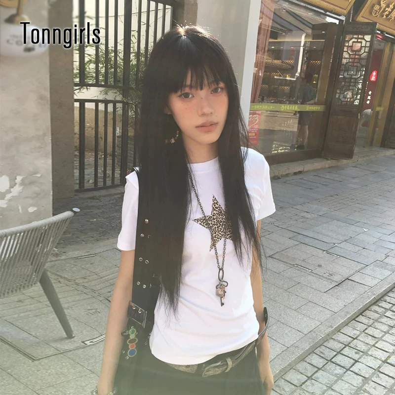 

Tonngirls Harajuku футболка с принтом женские футболки с короткими рукавами и леопардовыми звездами свободные Y2k винтажные топы в стиле гранж японские футболки 2000-х годов