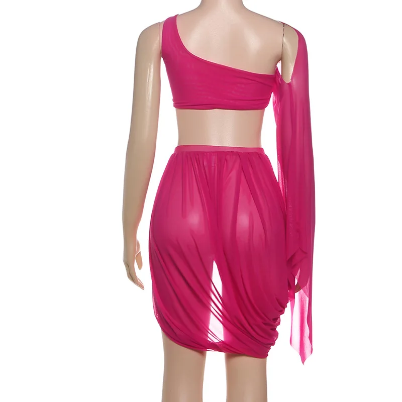 Women Sexy Mesh 2 Piece Set 2025 Autumn See Through One Shoulder Shawl Sleeve Crop Tops + Ruched Split Asymmetrical Mini Skirts