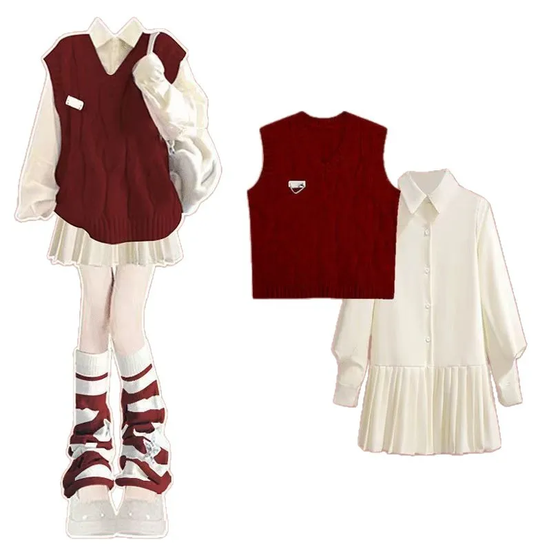 Set in stile occidentale autunnale per donna Gilet lavorato a maglia che riduce l'età in stile Hepburn abbinato a un bellissimo abito dimagrante Set da due pezzi