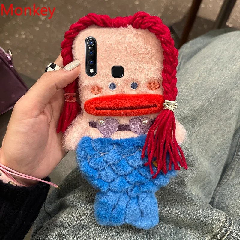 3D Cute Plush Mermaid Girls Gift Phone Case For VIVO Y20 Y17 Y15S Y12 Y11 Y33S Y22 Y16 Y35 Y02 V25 V23 V21 V20 Fluffy Hair Cover