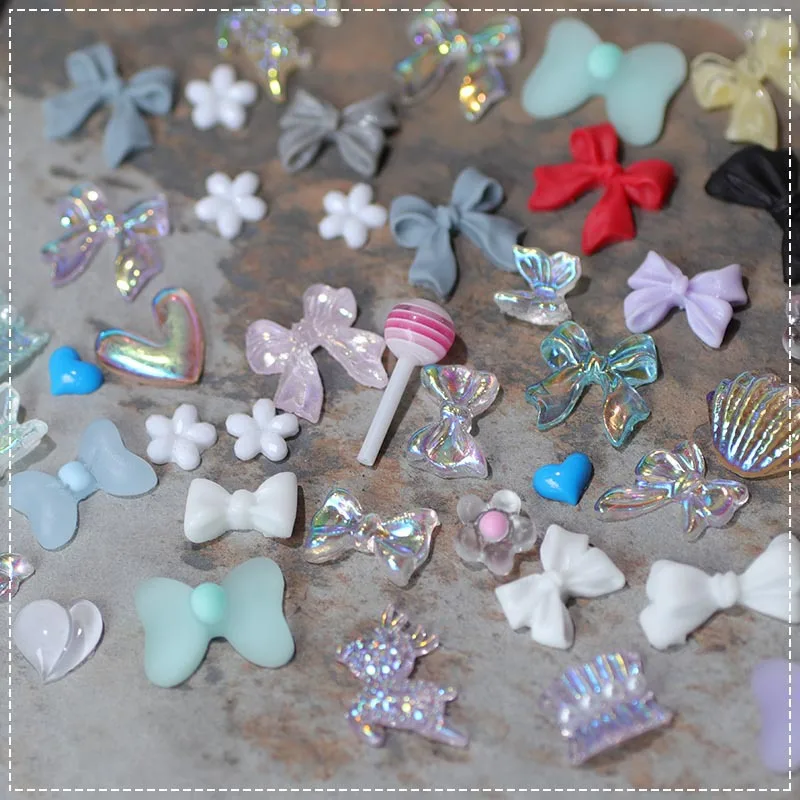 50Pcs 3D Mixed Style Bow Resin Nail Art Decorations Butterfly Heart Rhinestone Nail Charms Ornament Manicure Kawaii Accessories