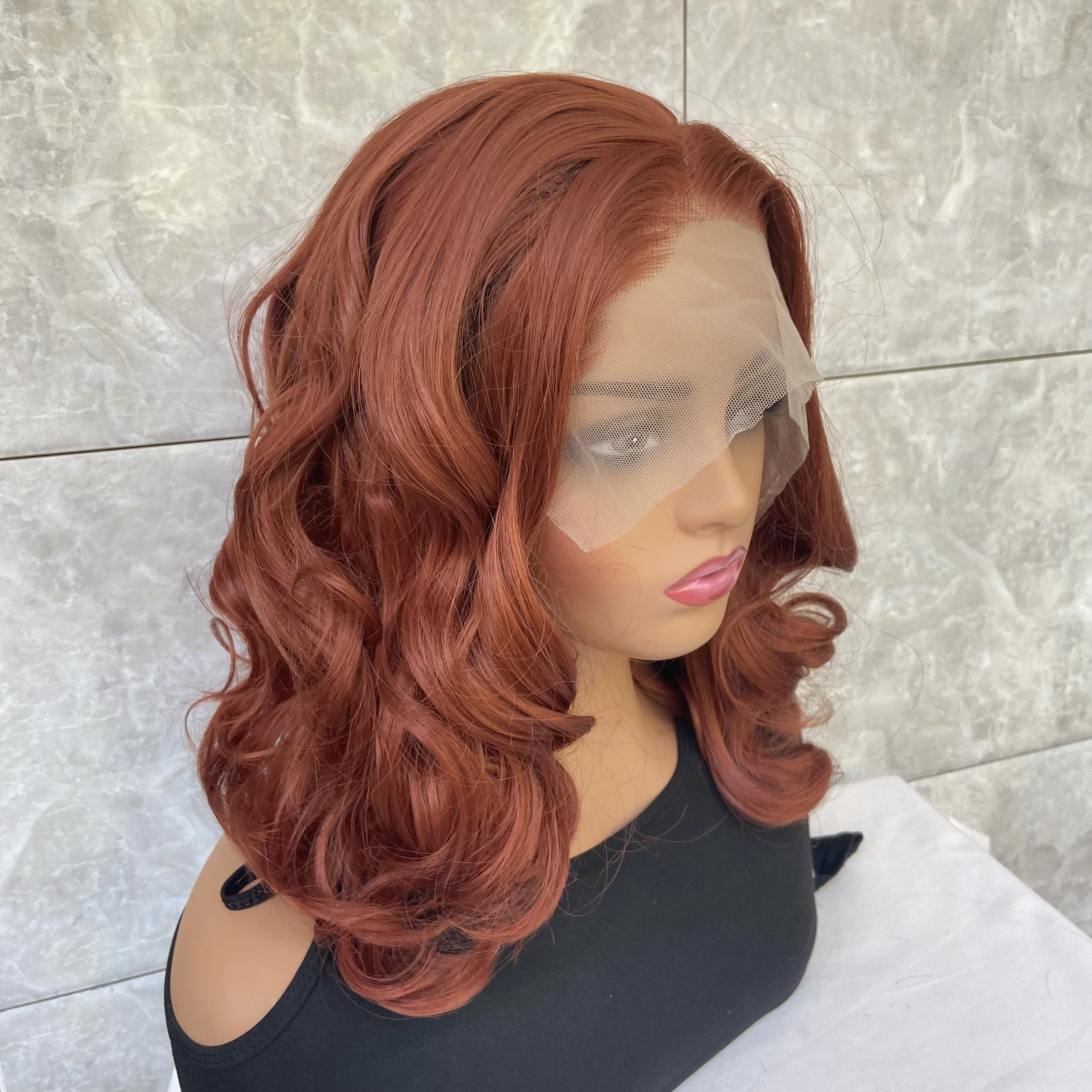 Medium Wavy Full  Auburn Copper Red Lace Front Human Hair Blend Heat Ok Synthetic Wigs Women Soft Natural Daily Use