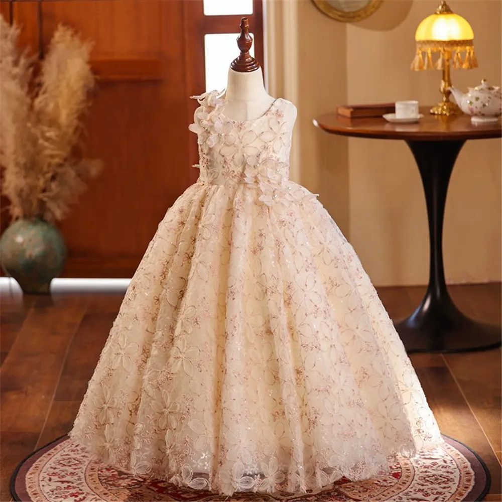 فستان فتاة الزهور لحفلات الزفاف الوردية المخصصة منتفخ أول مناولة لطيفة للأطفال بدون أكمام بطبقات لحفلات أعياد الميلاد #2