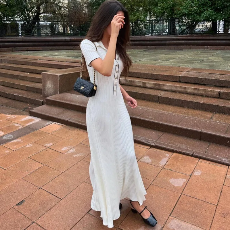 

For Women Short Sleeve Patchwork Elegant Party Dress Lapel High Waist Knitwear Women's Dress White Knit Fashion Maxi Dress