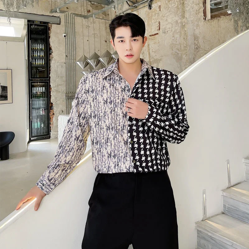 Colorblocked Men's Leopard Stitching Shirt Korean Tide Loose Top Spring 2022 New Casual Long Sleeve Shirts Vintage Fashion