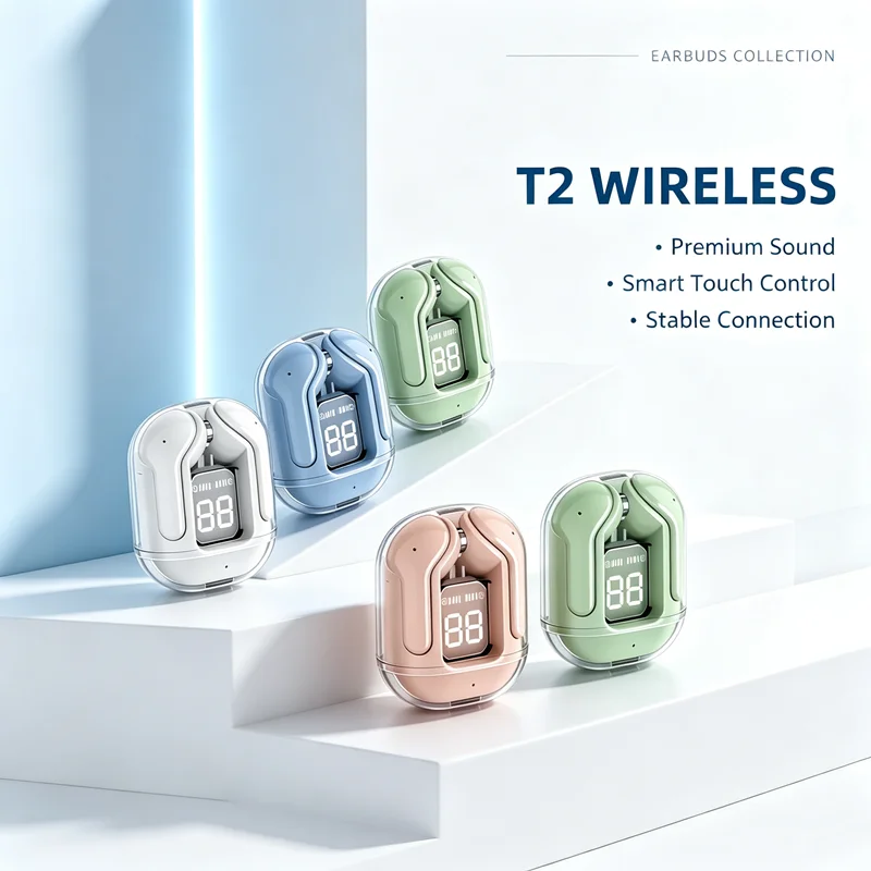 T2 Wireless Mini Earbuds LED Power Digital Display TWS Wireless Headset Stereo Bluetooth Headphones 5.3