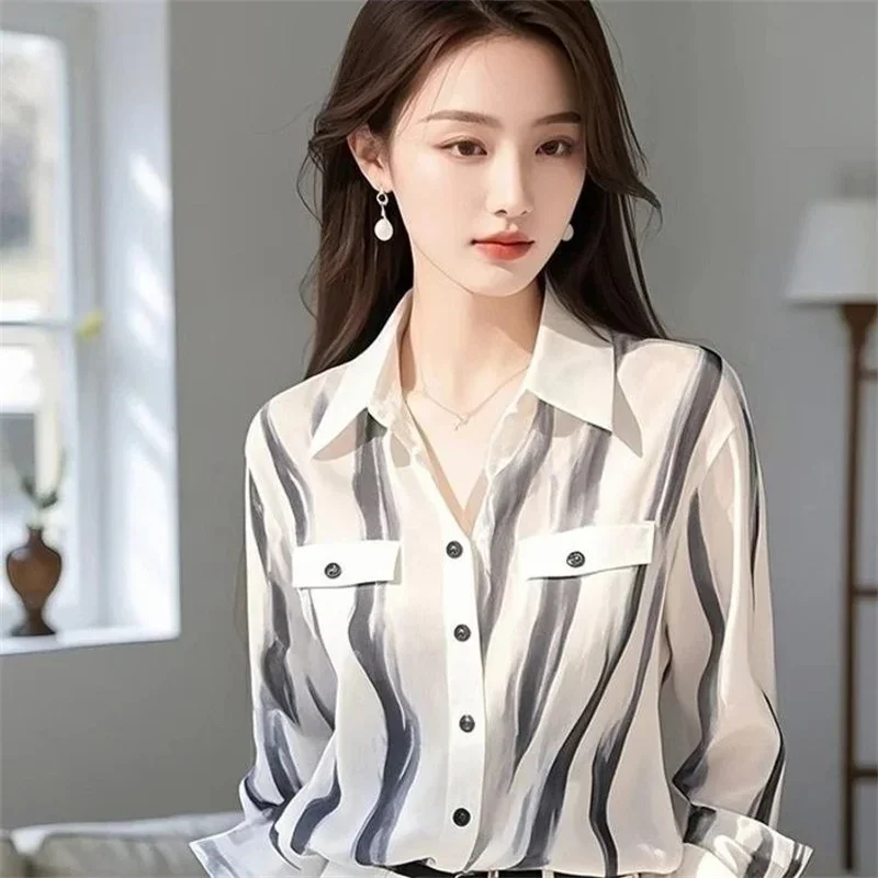 

Summer New French Style Striped Shirt 2025 Fashion Temperament High-end Cardigan Blouse Coat Ladies Offies Casual Shirts
