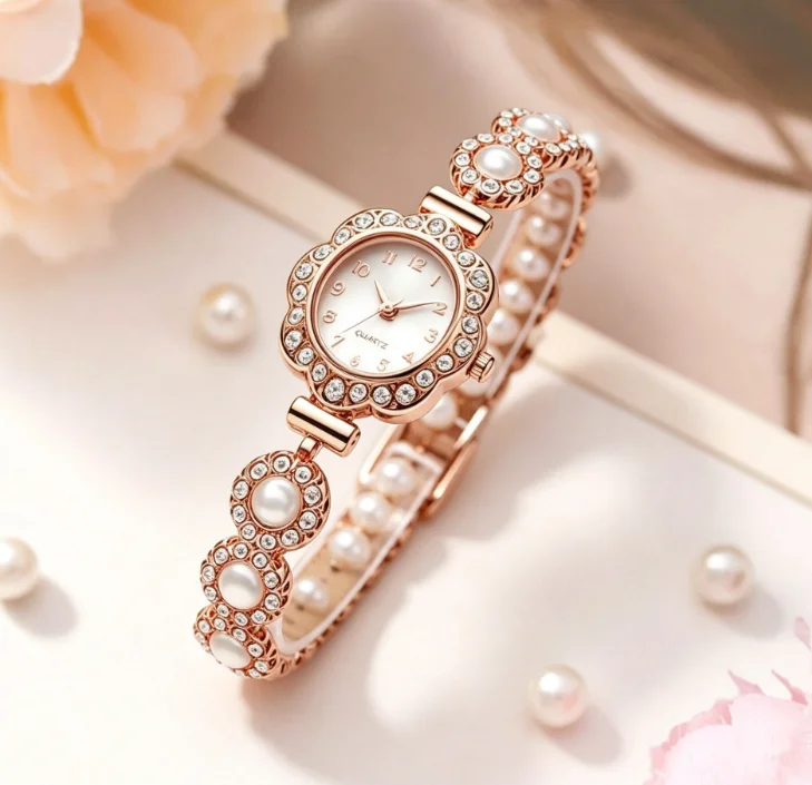 Sparkling Crystal Bracelet Quartz Watch Rosegold Flower Bezel Multicolor Dial Elegant Ladies Wristwatch for Gift