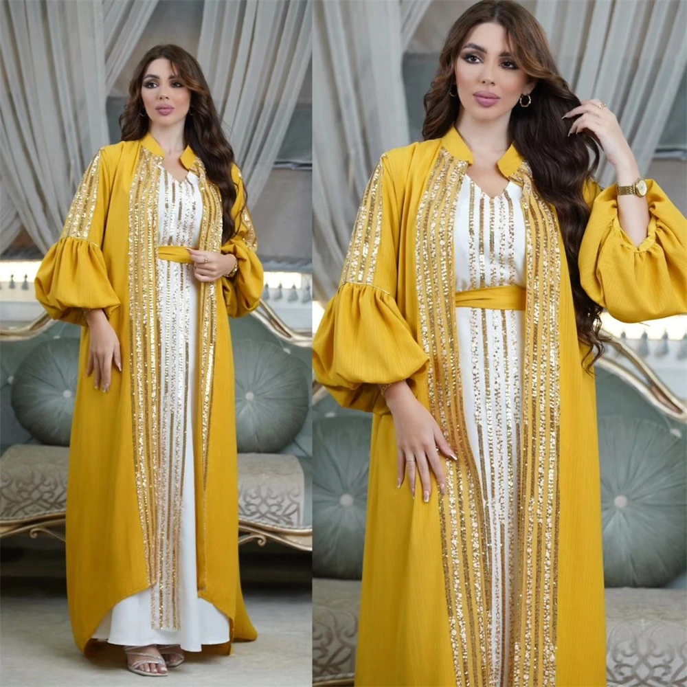 Luxo marroquino caftan com lantejoulas e manga lanterna para as mulheres, vestido muçulmano, abaya, vestidos ramadan, eid jabiya, dubai, 2 peças