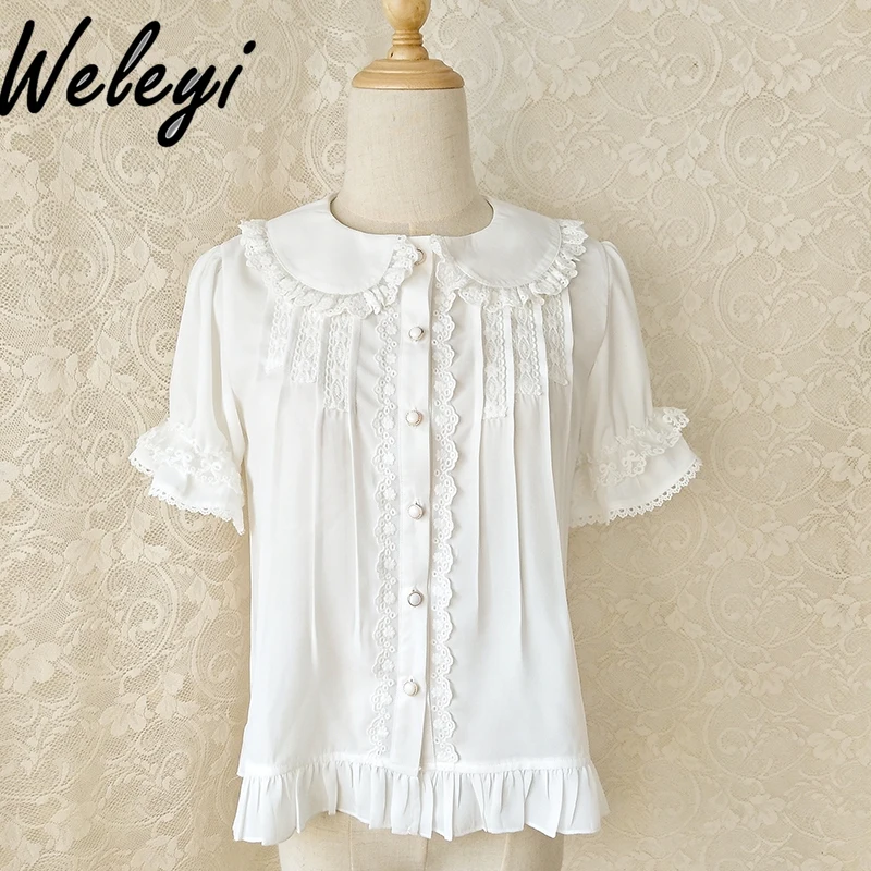 Original Lolita Woman Clothing Jirai Kei Short Sleeve Pleated Shirt Princess Loose Doll Collar Chiffon Versatile Shirts Femmes