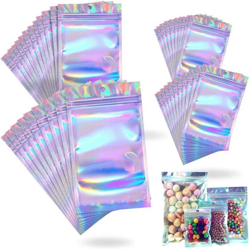 10pcs Reclosable Holographic Pink Zipper Packaging Bag Cosmetic Jewelry Flat Pouches Laser Small Plastic Zip Lock Bags 10pcs