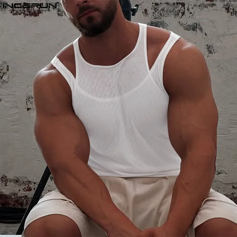 

2025 Men Tank Tops Mesh Transparent Sexy O-neck Sleeveless Streetwear Male Vests Summer Fake Two Pieces Men Clothing INCERUN